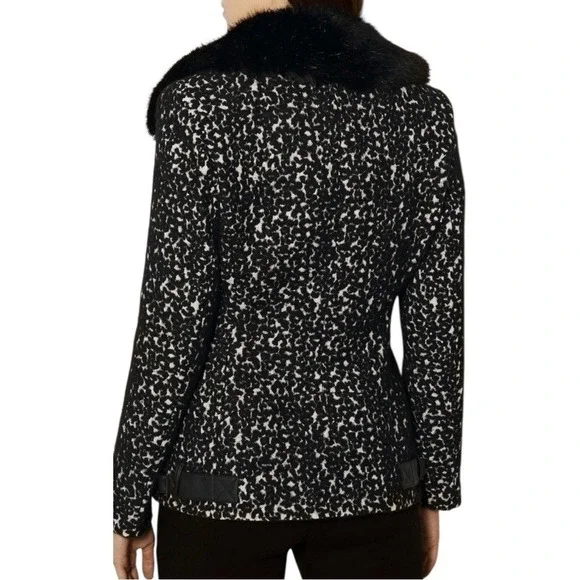 Karen Millen Leopard Print Faux Fur Collar Moto Jacket Women Black White Size 10